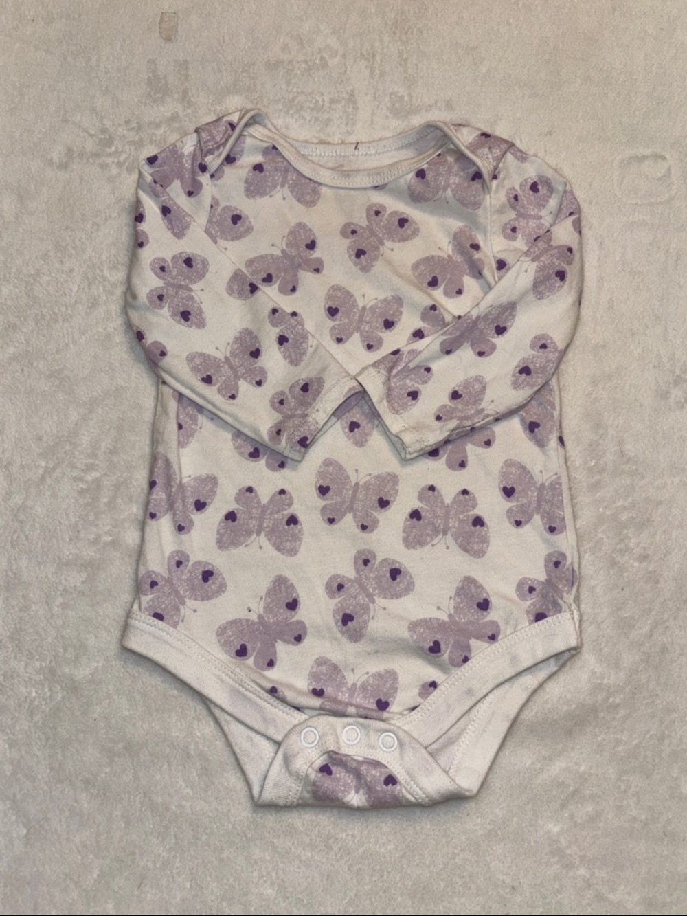 (3 for $10) George Purple Butterfly Long-Sleeve Baby One-Piece Bodysuit